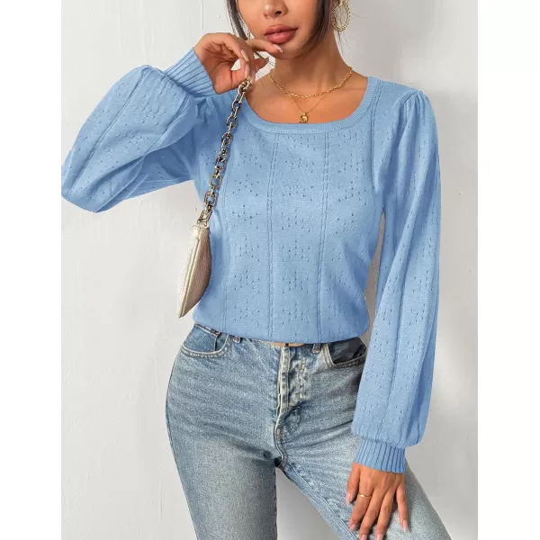 HOTOUCH Womens Sweaters Fall 2024 Trendy Puff Sleeve Tops Casual Knit Square Neck Cute Tunic Pullover Blouses Shirts02baby Blue