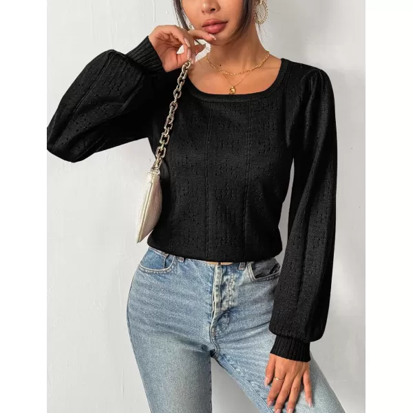 HOTOUCH Womens Sweaters Fall 2024 Trendy Puff Sleeve Tops Casual Knit Square Neck Cute Tunic Pullover Blouses Shirts02black