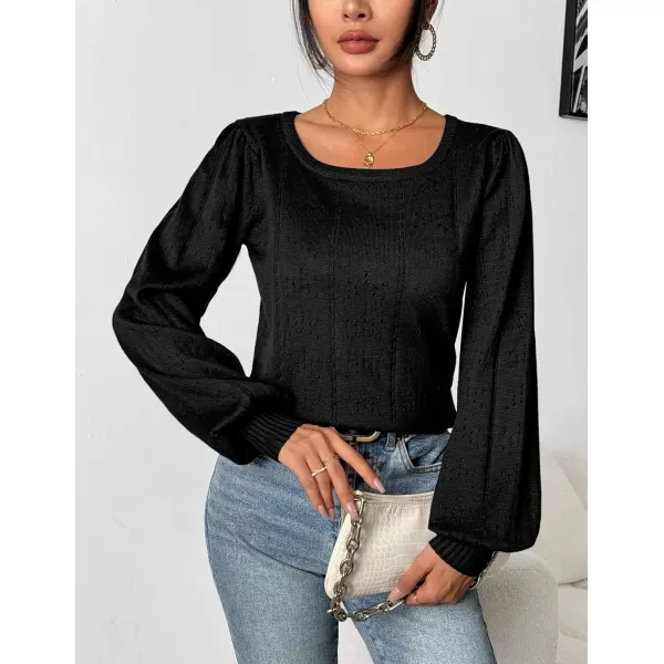 HOTOUCH Womens Sweaters Fall 2024 Trendy Puff Sleeve Tops Casual Knit Square Neck Cute Tunic Pullover Blouses Shirts02black