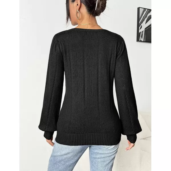 HOTOUCH Womens Sweaters Fall 2024 Trendy Puff Sleeve Tops Casual Knit Square Neck Cute Tunic Pullover Blouses Shirts02black