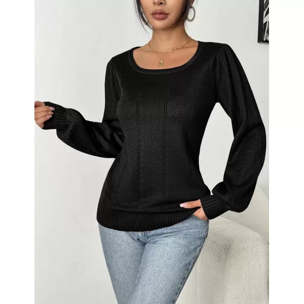 HOTOUCH Womens Sweaters Fall 2024 Trendy Puff Sleeve Tops Casual Knit Square Neck Cute Tunic Pullover Blouses Shirts02black