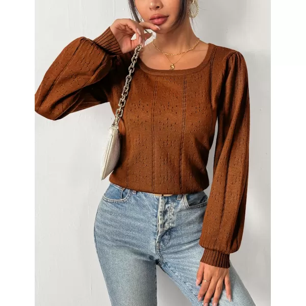 HOTOUCH Womens Sweaters Fall 2024 Trendy Puff Sleeve Tops Casual Knit Square Neck Cute Tunic Pullover Blouses Shirts02caramel