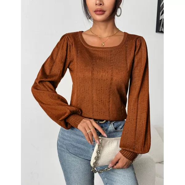 HOTOUCH Womens Sweaters Fall 2024 Trendy Puff Sleeve Tops Casual Knit Square Neck Cute Tunic Pullover Blouses Shirts02caramel