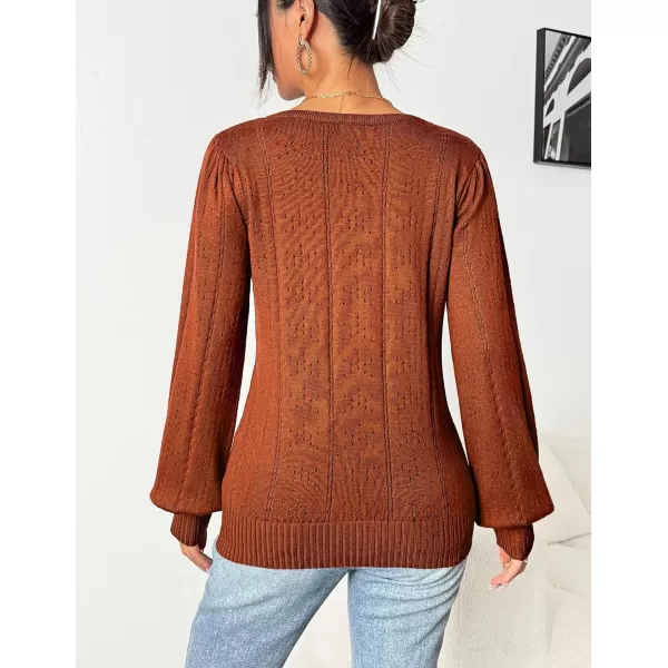 HOTOUCH Womens Sweaters Fall 2024 Trendy Puff Sleeve Tops Casual Knit Square Neck Cute Tunic Pullover Blouses Shirts02caramel