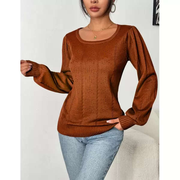 HOTOUCH Womens Sweaters Fall 2024 Trendy Puff Sleeve Tops Casual Knit Square Neck Cute Tunic Pullover Blouses Shirts02caramel