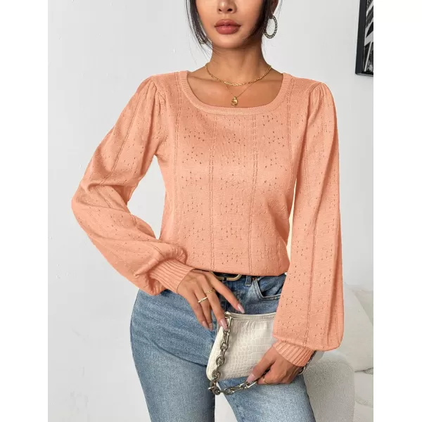 HOTOUCH Womens Sweaters Fall 2024 Trendy Puff Sleeve Tops Casual Knit Square Neck Cute Tunic Pullover Blouses Shirts02coral Pink