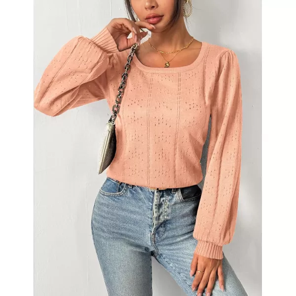 HOTOUCH Womens Sweaters Fall 2024 Trendy Puff Sleeve Tops Casual Knit Square Neck Cute Tunic Pullover Blouses Shirts02coral Pink