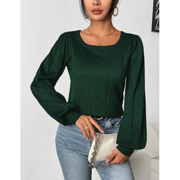 HOTOUCH Womens Sweaters Fall 2024 Trendy Puff Sleeve Tops Casual Knit Square Neck Cute Tunic Pullover Blouses Shirts02green