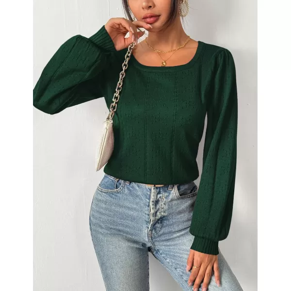 HOTOUCH Womens Sweaters Fall 2024 Trendy Puff Sleeve Tops Casual Knit Square Neck Cute Tunic Pullover Blouses Shirts02green