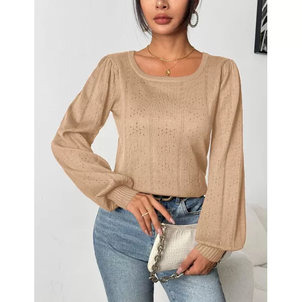 HOTOUCH Womens Sweaters Fall 2024 Trendy Puff Sleeve Tops Casual Knit Square Neck Cute Tunic Pullover Blouses Shirts02khaki