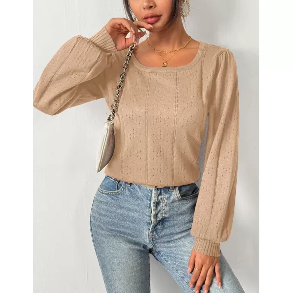 HOTOUCH Womens Sweaters Fall 2024 Trendy Puff Sleeve Tops Casual Knit Square Neck Cute Tunic Pullover Blouses Shirts02khaki