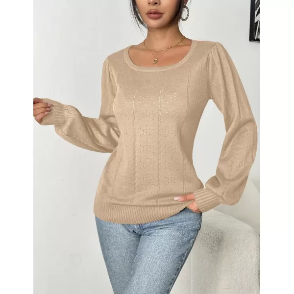 HOTOUCH Womens Sweaters Fall 2024 Trendy Puff Sleeve Tops Casual Knit Square Neck Cute Tunic Pullover Blouses Shirts02khaki