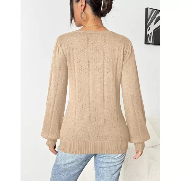 HOTOUCH Womens Sweaters Fall 2024 Trendy Puff Sleeve Tops Casual Knit Square Neck Cute Tunic Pullover Blouses Shirts02khaki