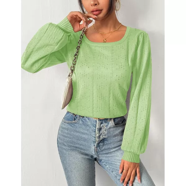 HOTOUCH Womens Sweaters Fall 2024 Trendy Puff Sleeve Tops Casual Knit Square Neck Cute Tunic Pullover Blouses Shirts02light Green