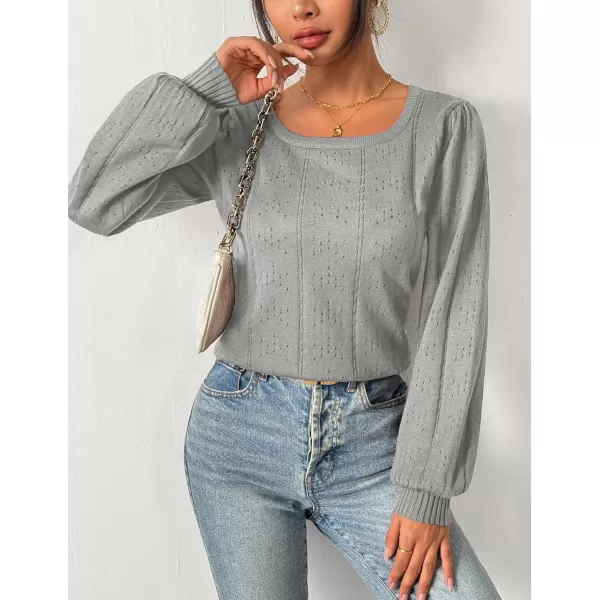 HOTOUCH Womens Sweaters Fall 2024 Trendy Puff Sleeve Tops Casual Knit Square Neck Cute Tunic Pullover Blouses Shirts02light Grey