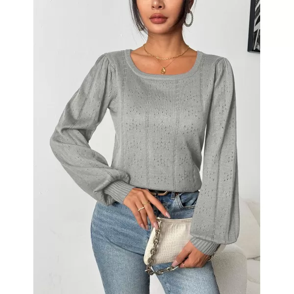 HOTOUCH Womens Sweaters Fall 2024 Trendy Puff Sleeve Tops Casual Knit Square Neck Cute Tunic Pullover Blouses Shirts02light Grey