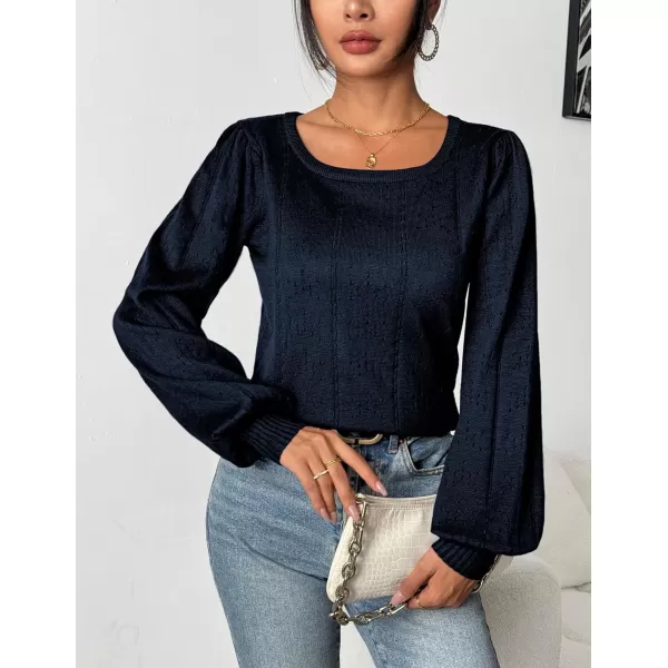 HOTOUCH Womens Sweaters Fall 2024 Trendy Puff Sleeve Tops Casual Knit Square Neck Cute Tunic Pullover Blouses Shirts02navy Blue