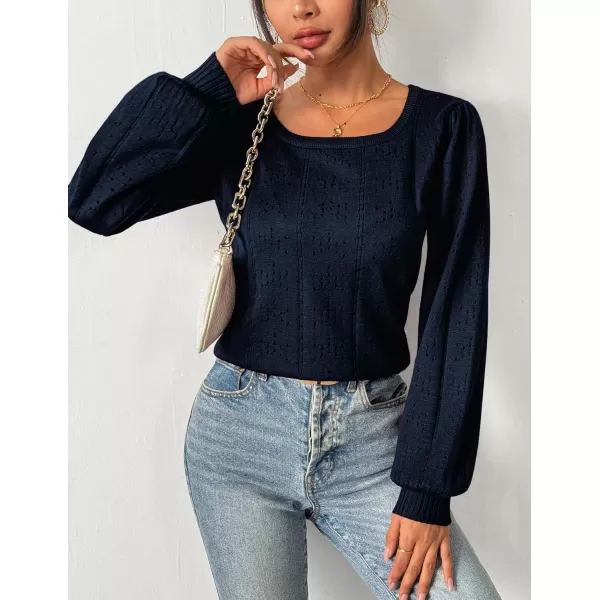 HOTOUCH Womens Sweaters Fall 2024 Trendy Puff Sleeve Tops Casual Knit Square Neck Cute Tunic Pullover Blouses Shirts02navy Blue