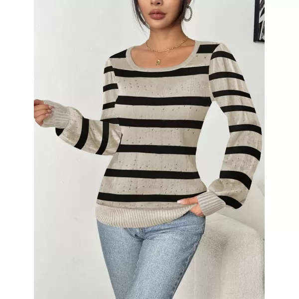 HOTOUCH Womens Sweaters Fall 2024 Trendy Puff Sleeve Tops Casual Knit Square Neck Cute Tunic Pullover Blouses Shirts02stripe1