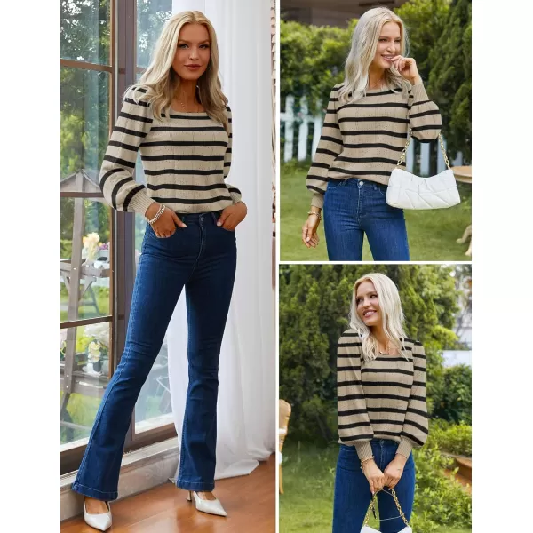 HOTOUCH Womens Sweaters Fall 2024 Trendy Puff Sleeve Tops Casual Knit Square Neck Cute Tunic Pullover Blouses Shirts02stripe1