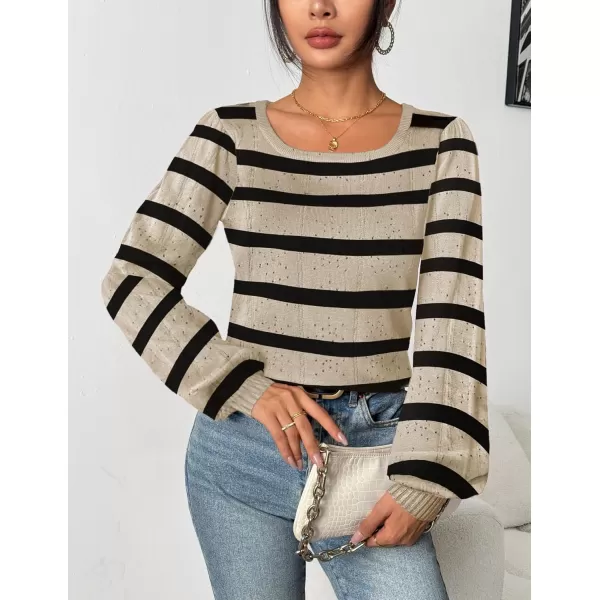 HOTOUCH Womens Sweaters Fall 2024 Trendy Puff Sleeve Tops Casual Knit Square Neck Cute Tunic Pullover Blouses Shirts02stripe1