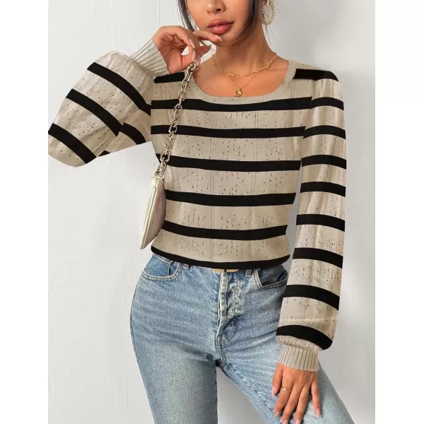 HOTOUCH Womens Sweaters Fall 2024 Trendy Puff Sleeve Tops Casual Knit Square Neck Cute Tunic Pullover Blouses Shirts02stripe1