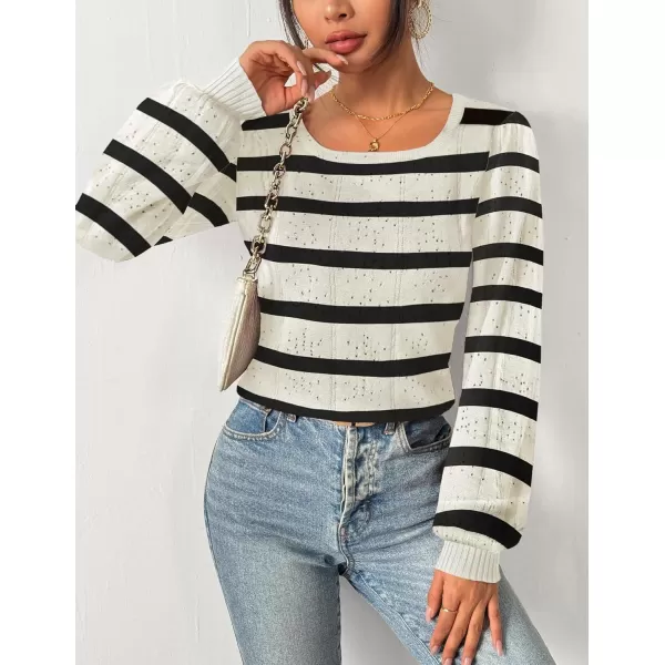 HOTOUCH Womens Sweaters Fall 2024 Trendy Puff Sleeve Tops Casual Knit Square Neck Cute Tunic Pullover Blouses Shirts02stripe2