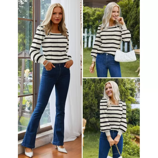 HOTOUCH Womens Sweaters Fall 2024 Trendy Puff Sleeve Tops Casual Knit Square Neck Cute Tunic Pullover Blouses Shirts02stripe2