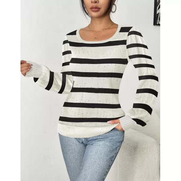 HOTOUCH Womens Sweaters Fall 2024 Trendy Puff Sleeve Tops Casual Knit Square Neck Cute Tunic Pullover Blouses Shirts02stripe2