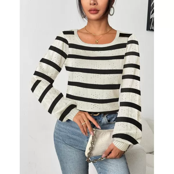 HOTOUCH Womens Sweaters Fall 2024 Trendy Puff Sleeve Tops Casual Knit Square Neck Cute Tunic Pullover Blouses Shirts02stripe2