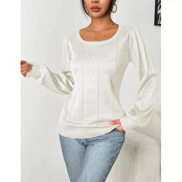 HOTOUCH Womens Sweaters Fall 2024 Trendy Puff Sleeve Tops Casual Knit Square Neck Cute Tunic Pullover Blouses Shirts02white