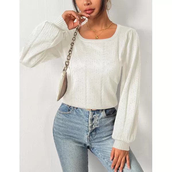 HOTOUCH Womens Sweaters Fall 2024 Trendy Puff Sleeve Tops Casual Knit Square Neck Cute Tunic Pullover Blouses Shirts02white