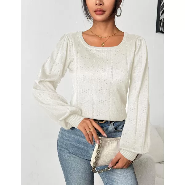 HOTOUCH Womens Sweaters Fall 2024 Trendy Puff Sleeve Tops Casual Knit Square Neck Cute Tunic Pullover Blouses Shirts02white