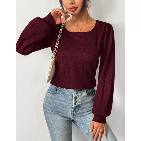 HOTOUCH Womens Sweaters Fall 2024 Trendy Puff Sleeve Tops Casual Knit Square Neck Cute Tunic Pullover Blouses Shirts02wine Red