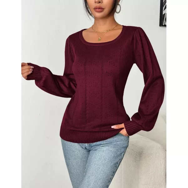 HOTOUCH Womens Sweaters Fall 2024 Trendy Puff Sleeve Tops Casual Knit Square Neck Cute Tunic Pullover Blouses Shirts02wine Red