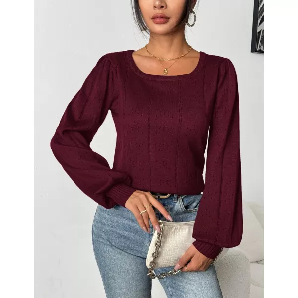 HOTOUCH Womens Sweaters Fall 2024 Trendy Puff Sleeve Tops Casual Knit Square Neck Cute Tunic Pullover Blouses Shirts02wine Red