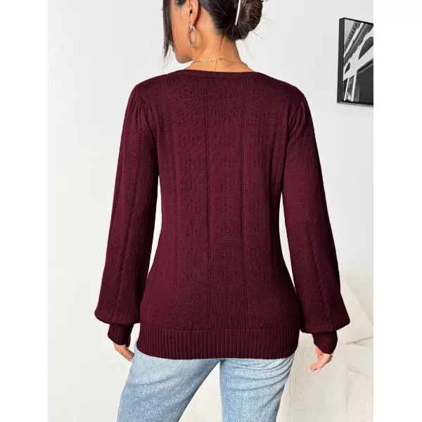 HOTOUCH Womens Sweaters Fall 2024 Trendy Puff Sleeve Tops Casual Knit Square Neck Cute Tunic Pullover Blouses Shirts02wine Red