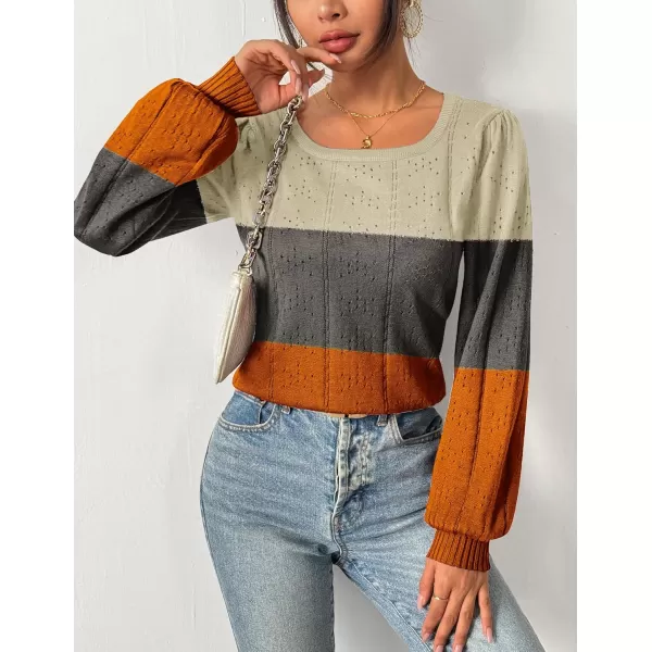 HOTOUCH Womens Sweaters Fall 2024 Trendy Puff Sleeve Tops Casual Knit Square Neck Cute Tunic Pullover Blouses ShirtsBeige Grey Orange