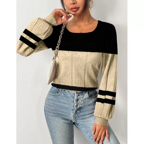 HOTOUCH Womens Sweaters Fall 2024 Trendy Puff Sleeve Tops Casual Knit Square Neck Cute Tunic Pullover Blouses ShirtsBlack Beige