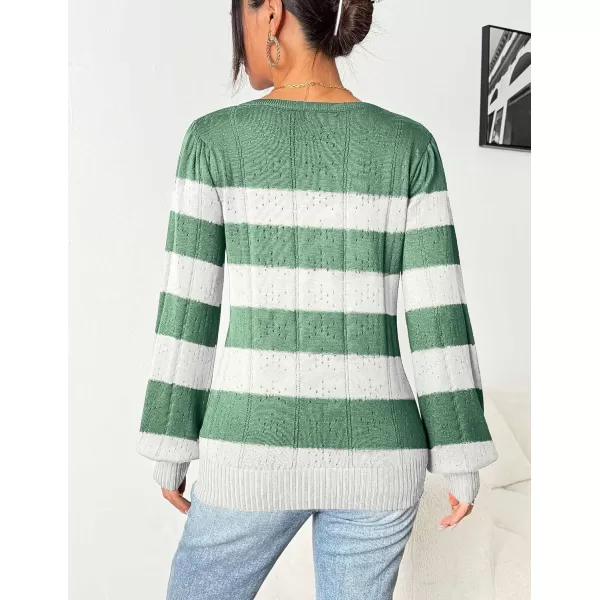 HOTOUCH Womens Sweaters Fall 2024 Trendy Puff Sleeve Tops Casual Knit Square Neck Cute Tunic Pullover Blouses ShirtsWhite Green Stripe