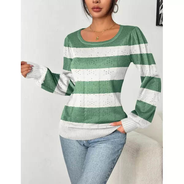 HOTOUCH Womens Sweaters Fall 2024 Trendy Puff Sleeve Tops Casual Knit Square Neck Cute Tunic Pullover Blouses ShirtsWhite Green Stripe