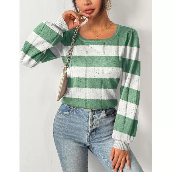 HOTOUCH Womens Sweaters Fall 2024 Trendy Puff Sleeve Tops Casual Knit Square Neck Cute Tunic Pullover Blouses ShirtsWhite Green Stripe