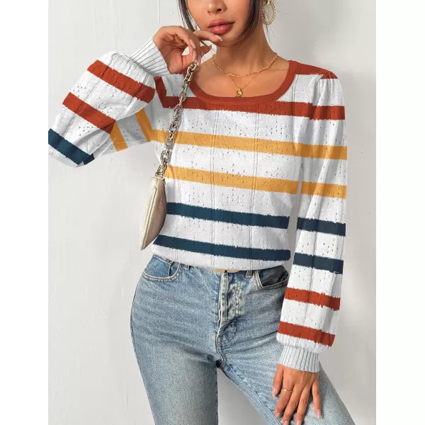 HOTOUCH Womens Sweaters Fall 2024 Trendy Puff Sleeve Tops Casual Knit Square Neck Cute Tunic Pullover Blouses ShirtsWhite Orange Blue Stripe