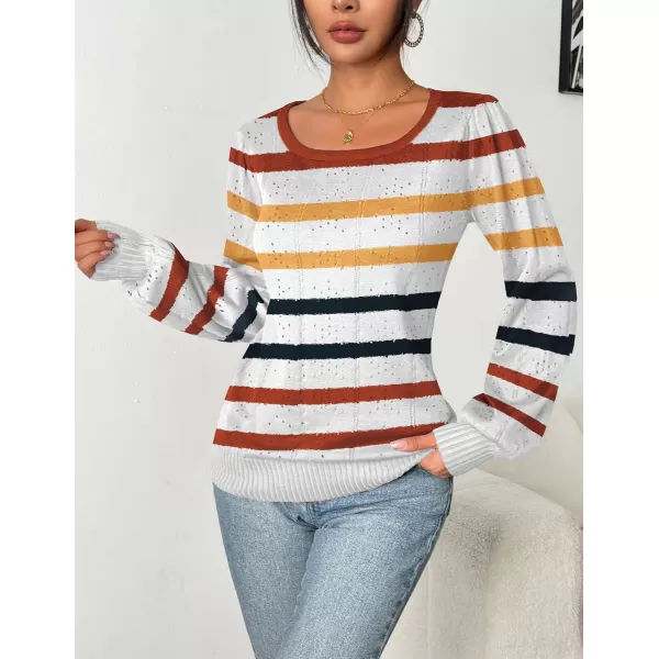 HOTOUCH Womens Sweaters Fall 2024 Trendy Puff Sleeve Tops Casual Knit Square Neck Cute Tunic Pullover Blouses ShirtsWhite Orange Blue Stripe