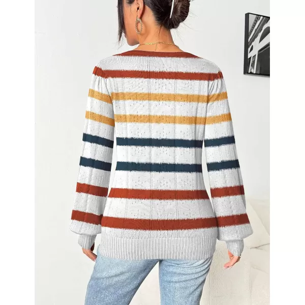 HOTOUCH Womens Sweaters Fall 2024 Trendy Puff Sleeve Tops Casual Knit Square Neck Cute Tunic Pullover Blouses ShirtsWhite Orange Blue Stripe