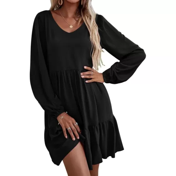 HOTOUCH Women Casual Tunic Dress V Neck Tiered Dress Long Sleeve Fit Swing Shift Dress with Pockets Loose Ruffled DressesAablack