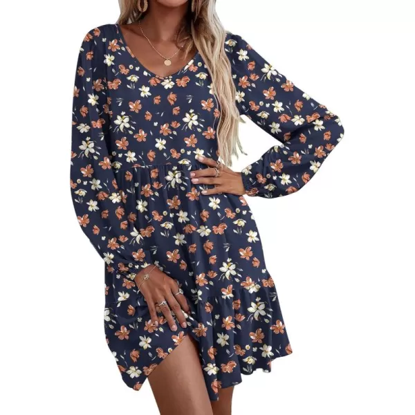 HOTOUCH Women Casual Tunic Dress V Neck Tiered Dress Long Sleeve Fit Swing Shift Dress with Pockets Loose Ruffled DressesBlueprinted