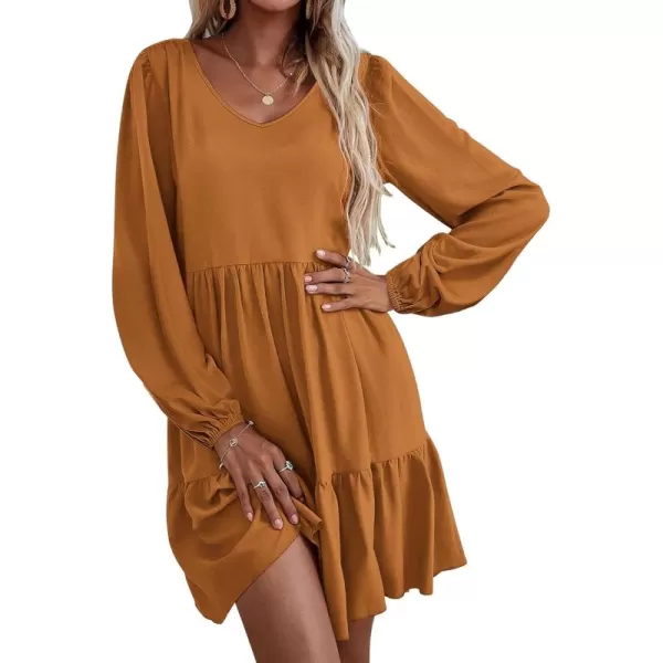 HOTOUCH Women Casual Tunic Dress V Neck Tiered Dress Long Sleeve Fit Swing Shift Dress with Pockets Loose Ruffled DressesBrown