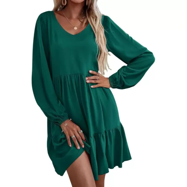 HOTOUCH Women Casual Tunic Dress V Neck Tiered Dress Long Sleeve Fit Swing Shift Dress with Pockets Loose Ruffled DressesDark Green