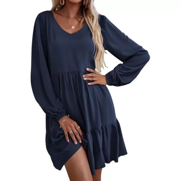 HOTOUCH Women Casual Tunic Dress V Neck Tiered Dress Long Sleeve Fit Swing Shift Dress with Pockets Loose Ruffled DressesNavy Blue